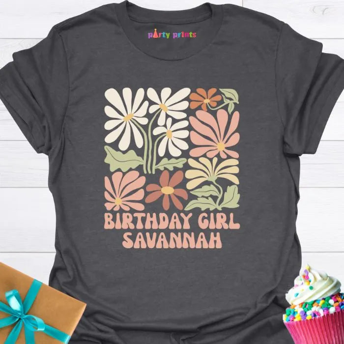 Birthday Girl Retro Floral Personalized T-Shirt