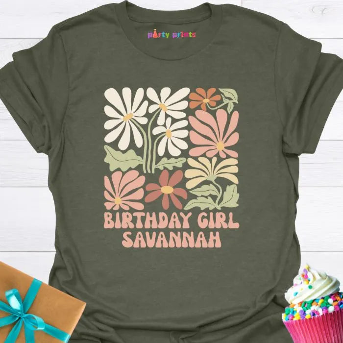 Birthday Girl Retro Floral Personalized T-Shirt