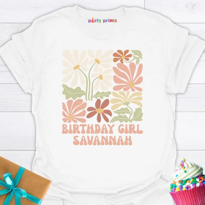 Birthday Girl Retro Floral Personalized T-Shirt
