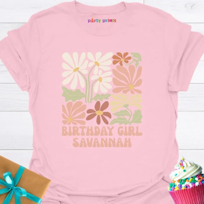 Birthday Girl Retro Floral Personalized T-Shirt