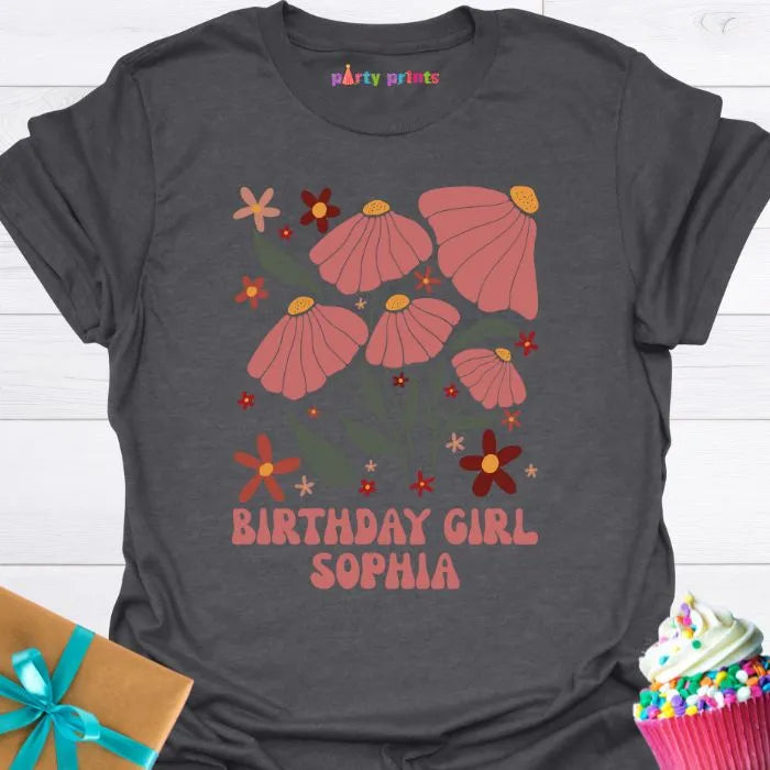Birthday Girl Retro Floral Personalized T-Shirt